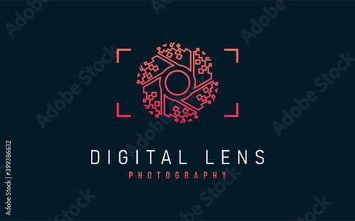 Digital Lens Photography Logo Design. Abstract Lens with Digital Pixel Concept Symbol Design. Usable For Business, Community, Industrial, Photography, Tech, Services Company. 
