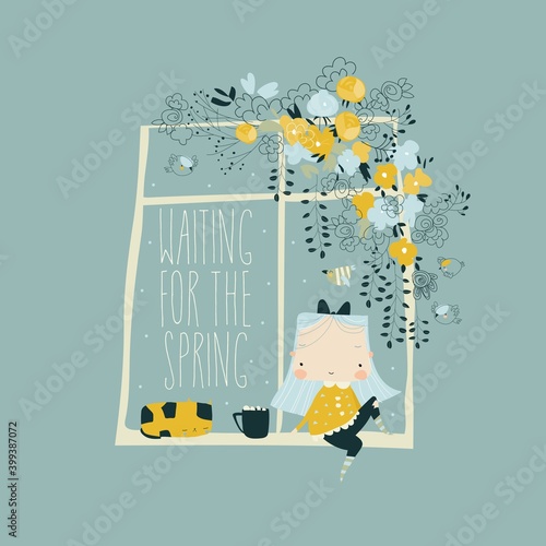 Cute girl sitting on window and waiting for the spring