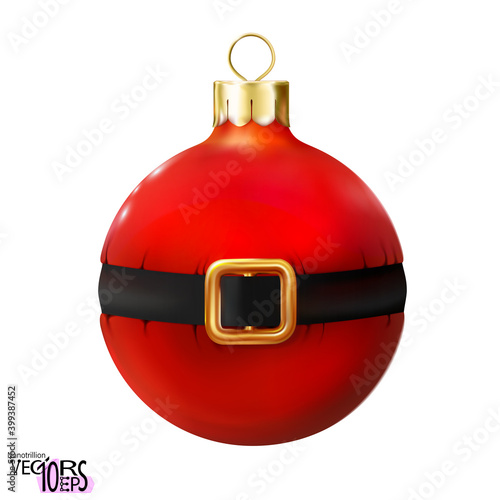 Red Christmas ball decorated Santa Claus belt, glossy mockup realistic bauble isolated on white background. 3d toy Merry xmas, New year design element, colorful decoration. Vector illustration