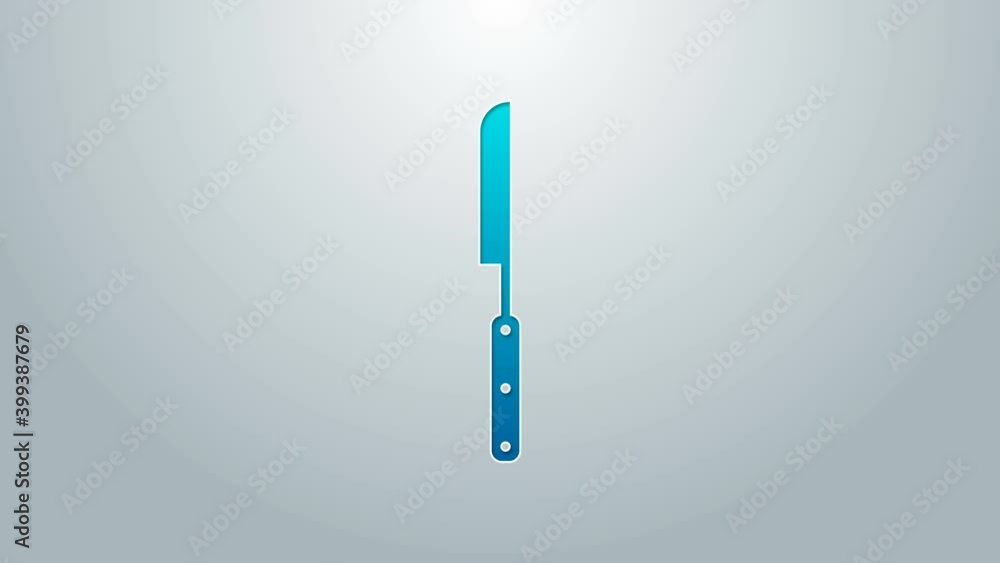 Blue line Barbecue knife icon isolated on grey background. Kitchen knife icon. BBQ knife sign. Barbecue and grill tool. 4K Video motion graphic animation