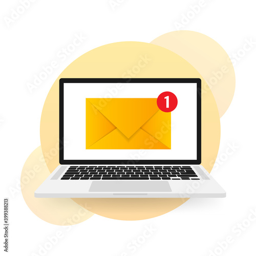 New message icon on screen of laptop. Smartphone, mobile, laptop. New nessage in flat style. Vector illustration.