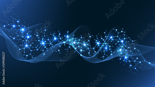 Molecular structure background. Science template wallpaper or banner with a DNA molecules. Asbtract scientific molecule background. Wave flow, innovation pattern. Vector illustration.