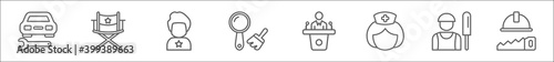 outline set of professions line icons. linear vector icons such as mechanic, actor, superhero, archeologist, president, pediatrician, cricket player, carpenter