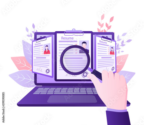 Resume people in flat style. Mobile app application. Flat isometric vector illustration. Laptop screen. Vector data.