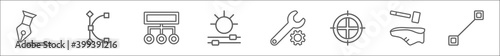 outline set of edit tools line icons. linear vector icons such as pen edit, curvature, allocation, lightness, repair tool, registration mark, cobbler, line tool