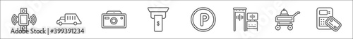 outline set of airport terminal line icons. linear vector icons such as modern wirstwatch, gangway truck, vintage camera, dollar bill from cash machine, parking square, security control, trolley