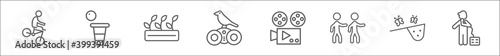 outline set of activity and hobbies line icons. linear vector icons such as biking, beer pong, hydroponics, bird watching, film making, walking, butterfly catcher, beatboxing