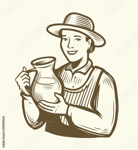 Beautiful young woman with jug of milk. Dairy farm sketch vintage vector