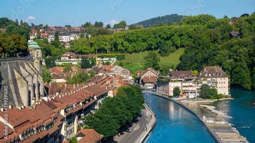 Beautiful landscape in Zurich, Switzerland. Old houses, river and forest.