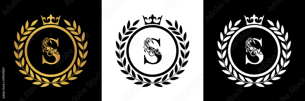 Letter S laurel wreath template logo Luxury gold letter with crown. Monogram alphabet . Beautiful royal initials letter. Letter S laurel wreath template logo Luxury gold letter with crown. Monogram alphabet . Beautiful royal initials letter.