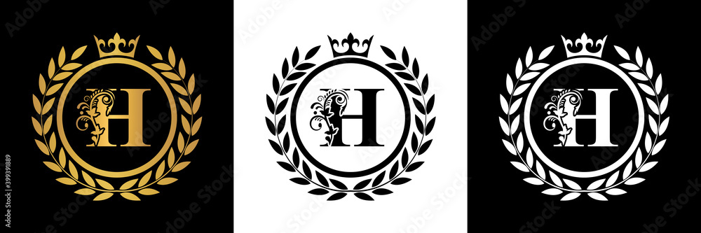 Letter H laurel wreath template logo Luxury gold letter with crown ...