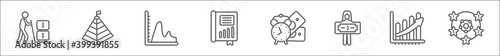 outline set of business line icons. linear vector icons such as man carrying money, stats pyramid, smooth line chart, story, dollar on business time, woman with dollar bill, finances stats bars