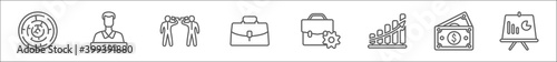 outline set of business line icons. linear vector icons such as maze game, chief executive officer, businessmen business communication techniques, bussines briefcase, briefcase settings, data