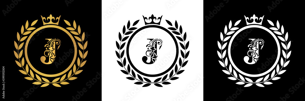 Letter J laurel wreath template logo Luxury gold letter with crown ...