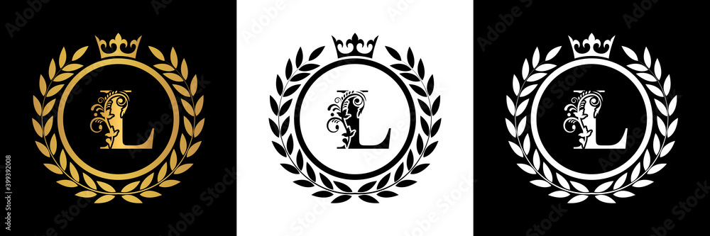 Letter L laurel wreath template logo Luxury gold letter with crown ...