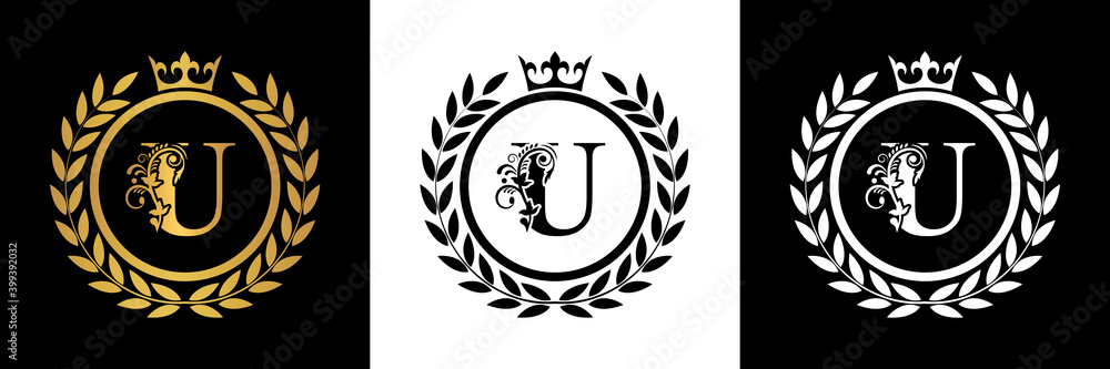 Letter U laurel wreath template logo Luxury gold letter with crown. Monogram alphabet . Beautiful royal initials letter. Letter U laurel wreath template logo Luxury gold letter with crown. Monogram alphabet . Beautiful royal initials letter.