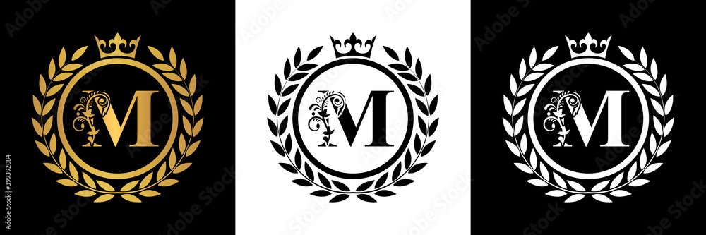 Letter M laurel wreath template logo Luxury gold letter with crown ...