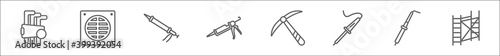 outline set of construction and tools line icons. linear vector icons such as allen keys, drain, sealant gun, caulk gun, pickaxe, solder, iron soldering, scaffolding