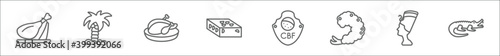 outline set of culture line icons. linear vector icons such as jamon serrano, coconuts palm tree of brazil, beijing roast duck, turron, brazil team shield, fried shrimp, nefertiti, australian