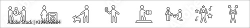 outline set of humans line icons. linear vector icons such as give over, housewife and washing machine, walk, feeding, nature photographer, begging, man dancing, angry man