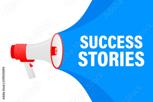 Success stories megaphone blue banner in 3D style on white background. Vector illustration.