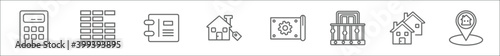outline set of real estate line icons. linear vector icons such as calculate, wall, catalog, real estate, technical drawing, balcony, neighborhood, real state