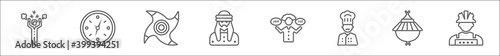 Fototapeta Naklejka Na Ścianę i Meble -  outline set of user line icons. linear vector icons such as anger, round wall clock, ninja weapon, arab man, feasibility, pastry chef, kasa, worker profile