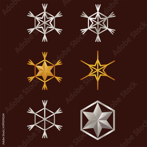 bundle of snowflakes and stars happy merry christmas set icons