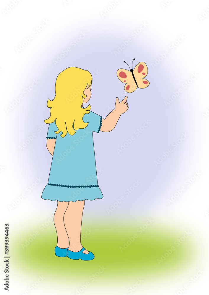 A girl in a blue dress and blue shoes pointing at a butterfly.
A girl in a blue dress and blue shoes pointing at a butterfly.