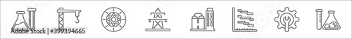 outline set of industry line icons. linear vector icons such as chemicals, crane, industrial tread, transmission tower, refinery, gantt, maintenance, chemical