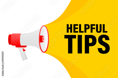 Helpful tips megaphone yellow banner in 3D style on white background. Vector illustration.