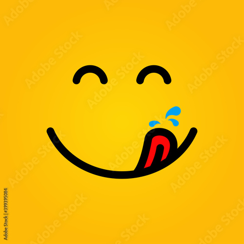Yummy face smiley icon delicious with tongue lick mouth. tasty emoji with saliva drops. smile vector cartoon.Delicious food face emoticons on a yellow background