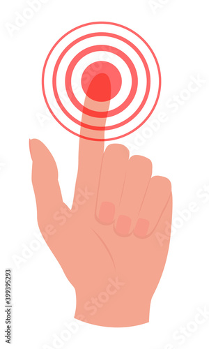 Hand touching, pressing or pointing a pain button with index finger. Isolated vector illustration on white background.