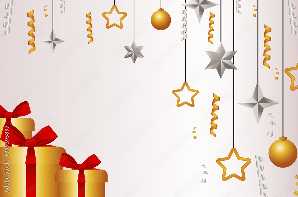 happy merry christmas card with golden gifts and balls hanging