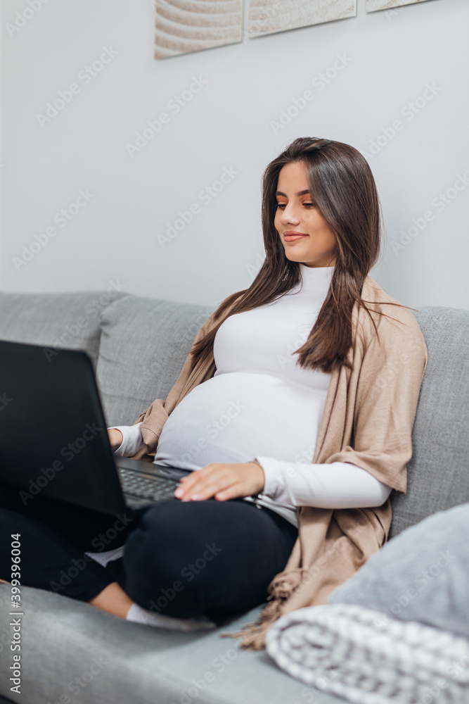 Beautiful young pregnant woman working on laptop. She is prepareing for childbirth and buying online clothes for the baby. Beautiful young pregnant woman working on laptop. She is prepareing for childbirth and buying online clothes for the baby.