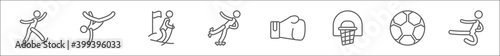 outline set of sports line icons. linear vector icons such as ice skating man, capoeira, slalom, skating, boxing glove, basketball basket, football ball, wushu