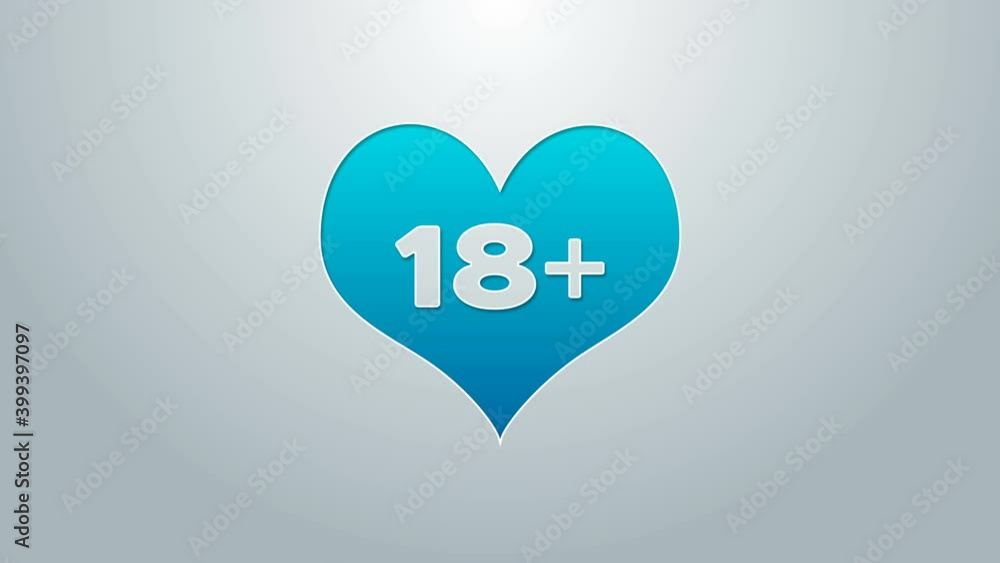 Blue line 18 plus content heart icon isolated on grey background