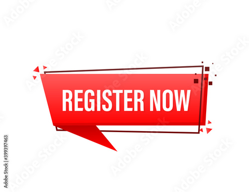Red register now label in modern style on white background. Banner promotion. Click button. Sticker design.
