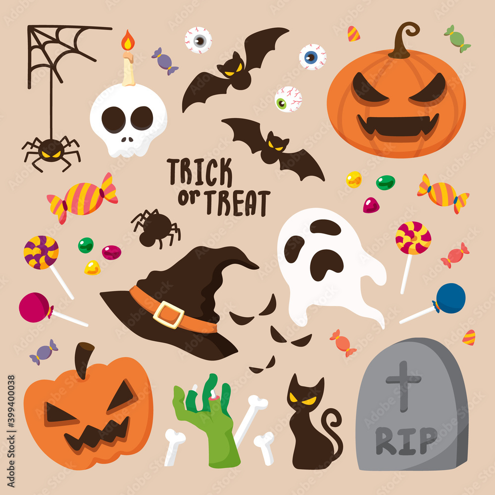 Icon vector set of Halloween concepts. Colour Illustration in cute or kids drawing style. Contained bat, eyeball, spider, skull candle, candy, pumpkin, ghost, witch hat, zombie hand, and grave.