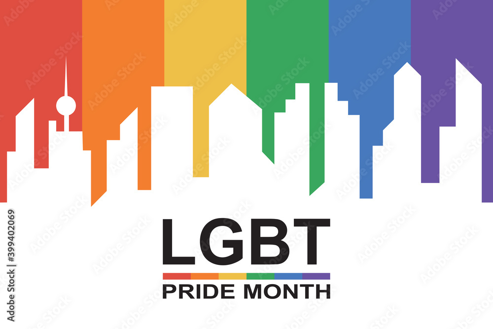 City skyline with rainbow flag color background and text LGBT pride month. Copy space for design or text. Flat vector illustration