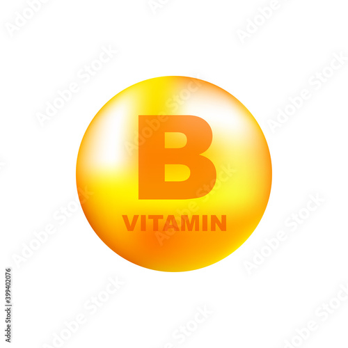 Vitamin B with realistic drop on gray background. Particles of vitamins in the middle. Vector illustration.