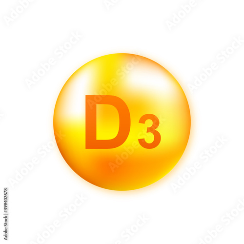 Vitamin D3 with realistic drop on gray background. Particles of vitamins in the middle. Vector illustration.