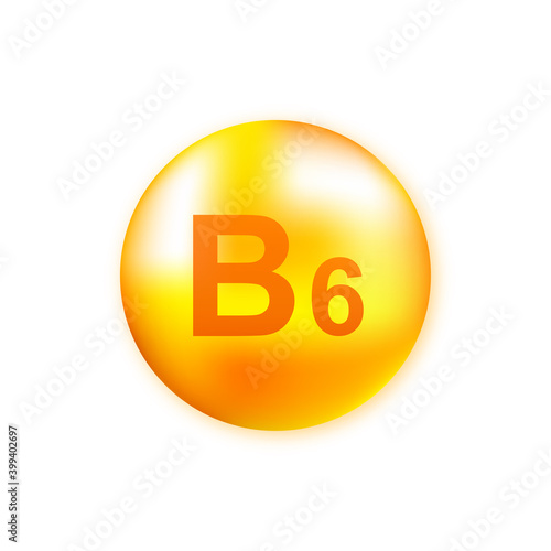 Vitamin B6 with realistic drop on gray background. Particles of vitamins in the middle. Vector illustration.