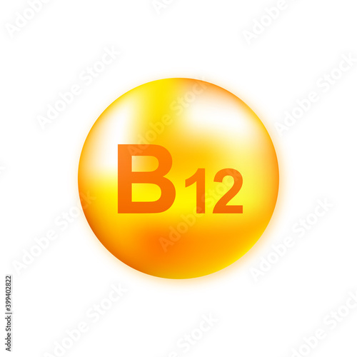 Vitamin B12 with realistic drop on gray background. Particles of vitamins in the middle. Vector illustration.