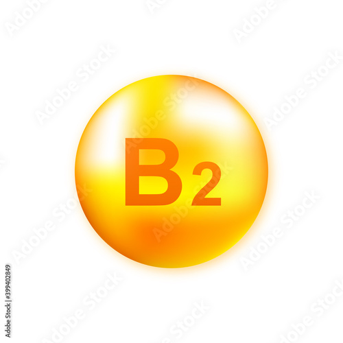 Vitamin B2 with realistic drop on gray background. Particles of vitamins in the middle. Vector illustration.