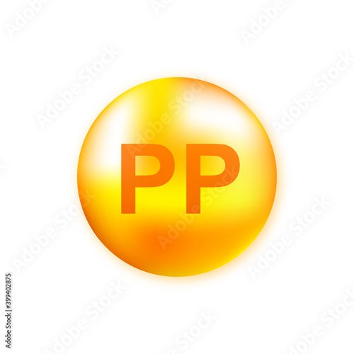 Vitamin complex PP with realistic drop on gray background. Particles of vitamins in the middle. Vector illustration.