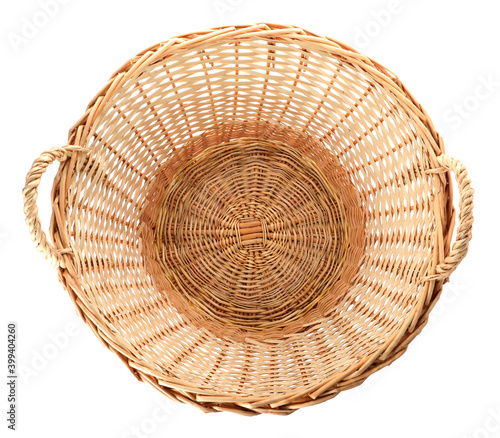 Wicker basket with handles isolated on white, top view