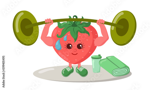 Cute strong strawberry athlete with sneakers, barbell, shake drink and towel. Colorful smiling kawaii fruit emoticon. Isolated sport vector illustration.	
