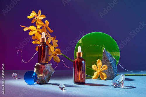 Natural cosmetic essential oil bottles photo