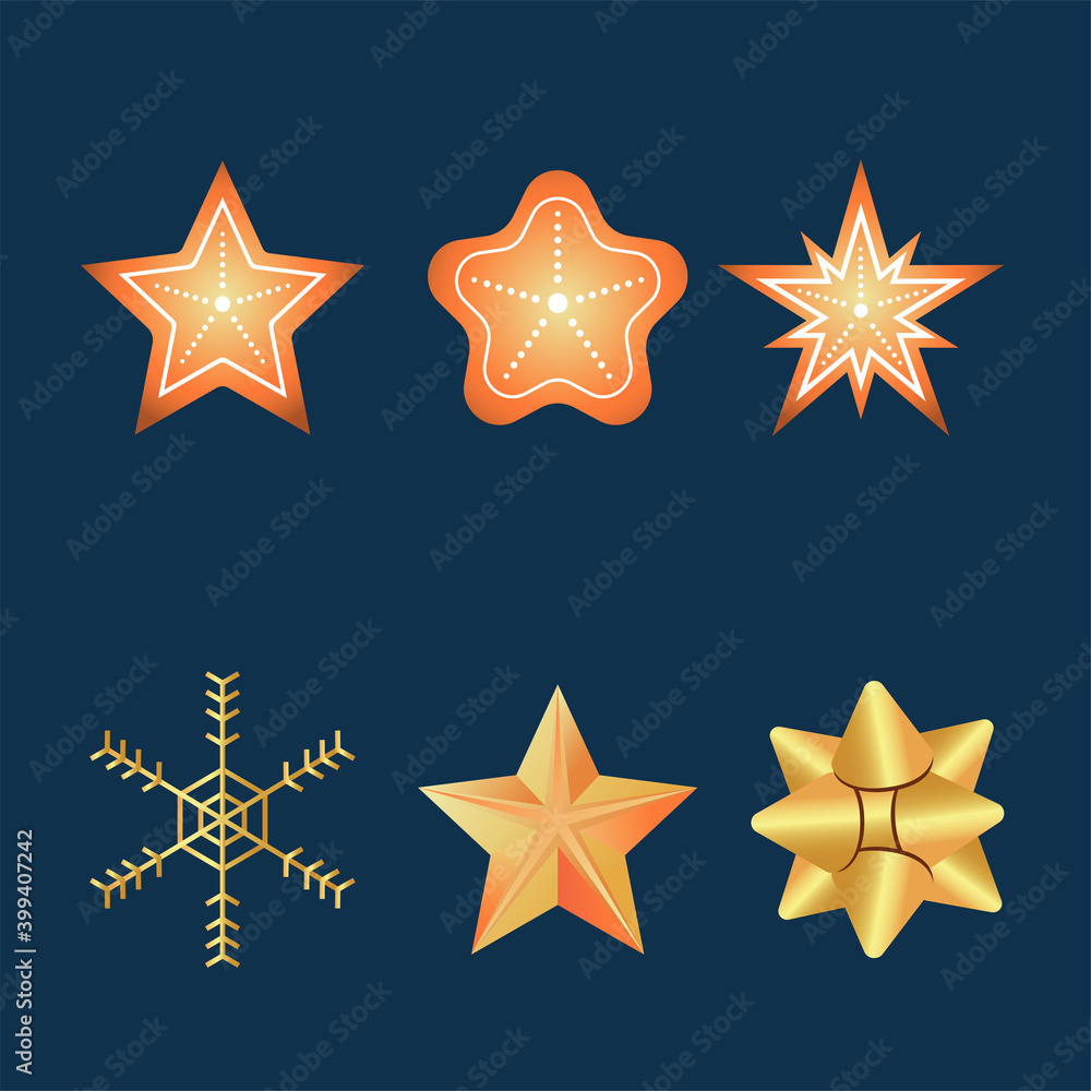 happy merry christmas set of golden stars and snowflake happy merry christmas set of golden stars and snowflake